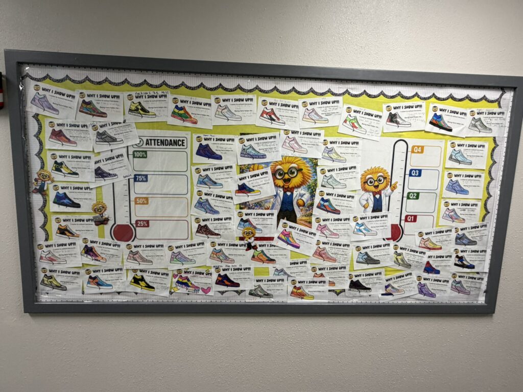 Wide classroom bulletin board filled with student Why I Show Up cards